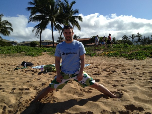 BF proving his inflexibility. Also, he's owned that swimsuit since EIGHTH GRADE. Isn't that impressive?