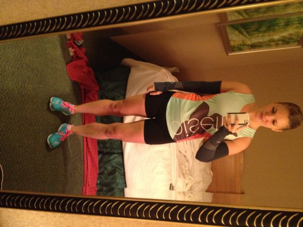 Hotel room selfie. Oiselle jersey, Flyte shorts, arm warmers, and Brooks Pure Connects. 