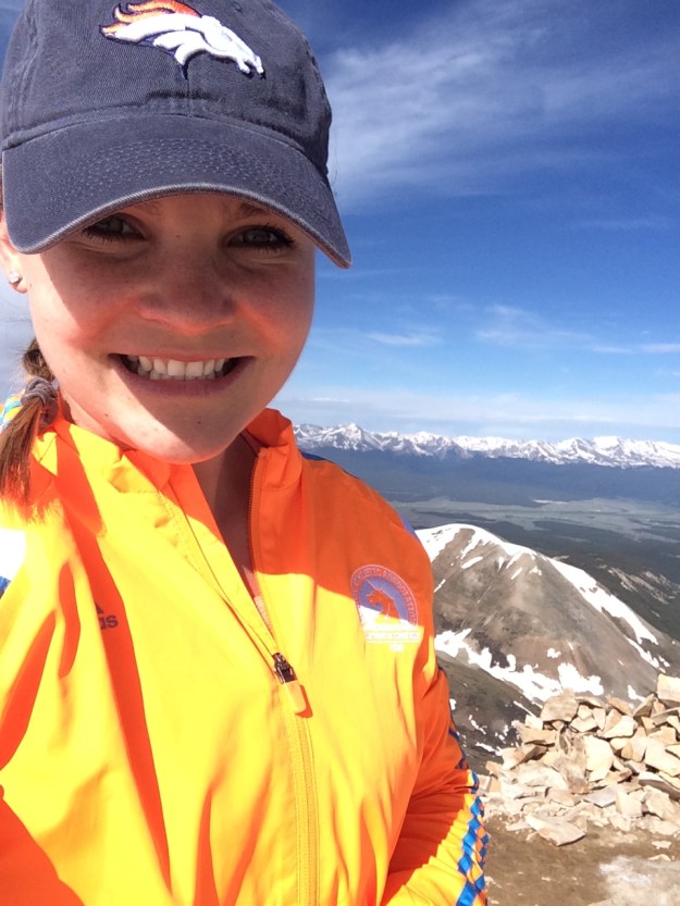 14er selfie on top of Sherman. Broncos hat and Boston jacket=clutch.